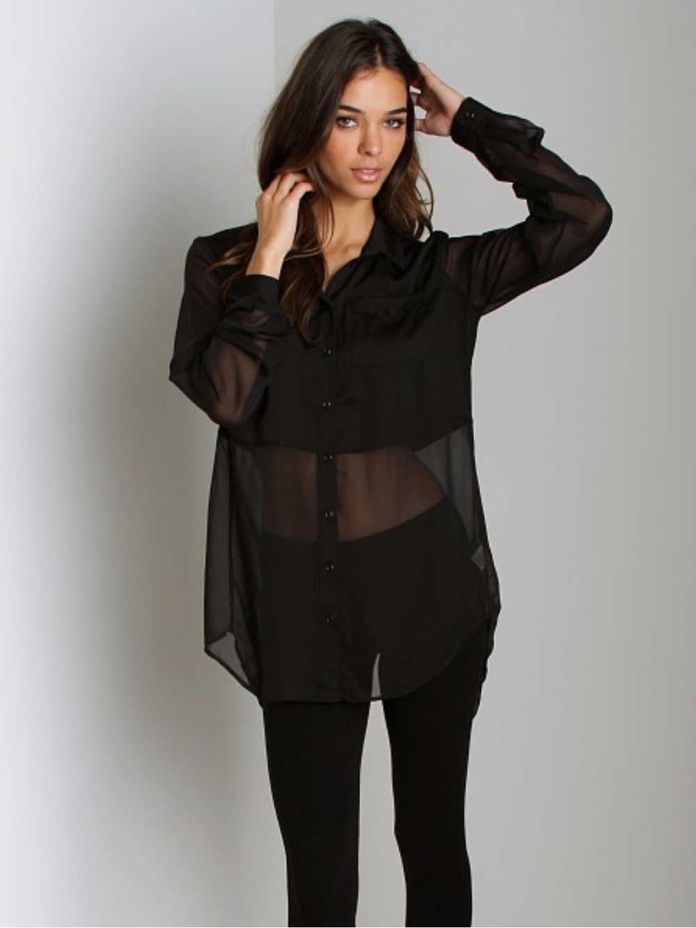 Free People Best of Both Worlds Black Sheer Button-Up Blouse Size XS - Picture 2 of 9